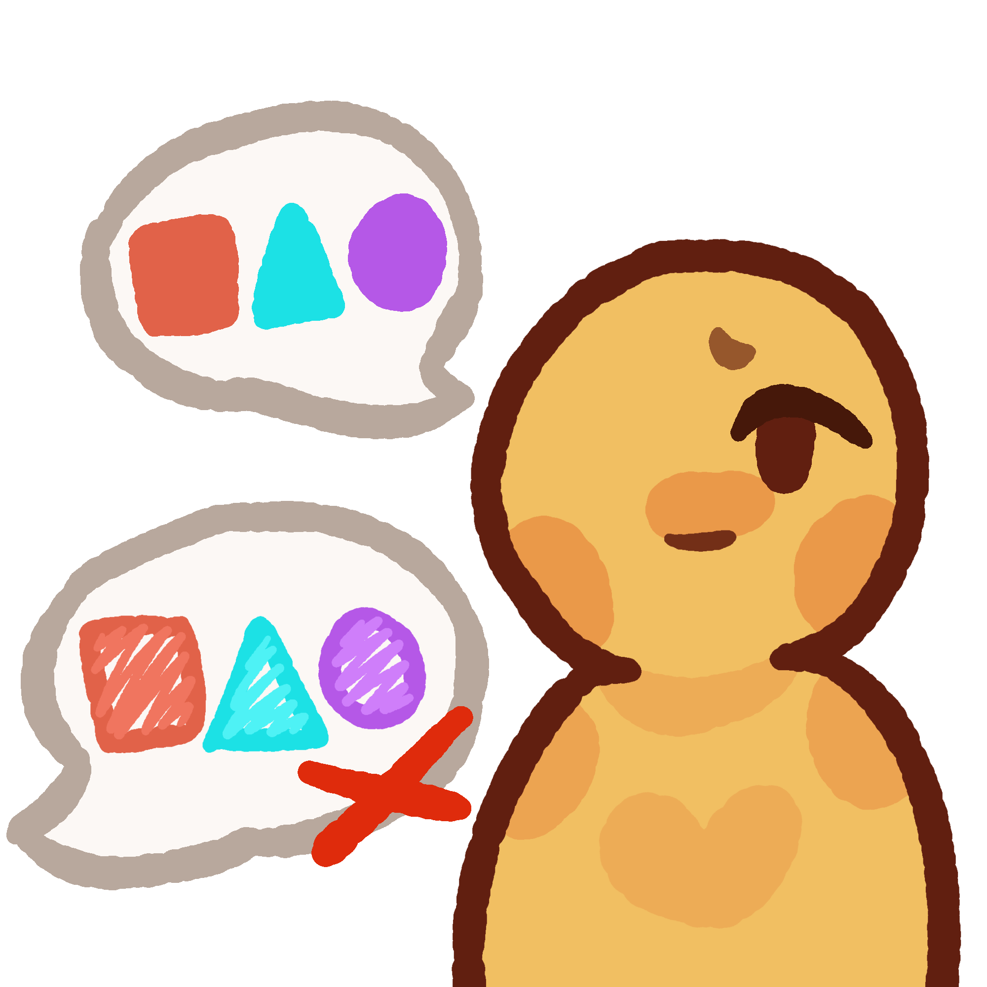 A simple yellow person with a speech bubble coming from their head. A red square, teal triangle, and a purple circle or in the bubble. Below the original speech bubble is another one with the same shapes and colors but scribbled in with a lighter shade than the original, with a red x in the corner of the bubble.